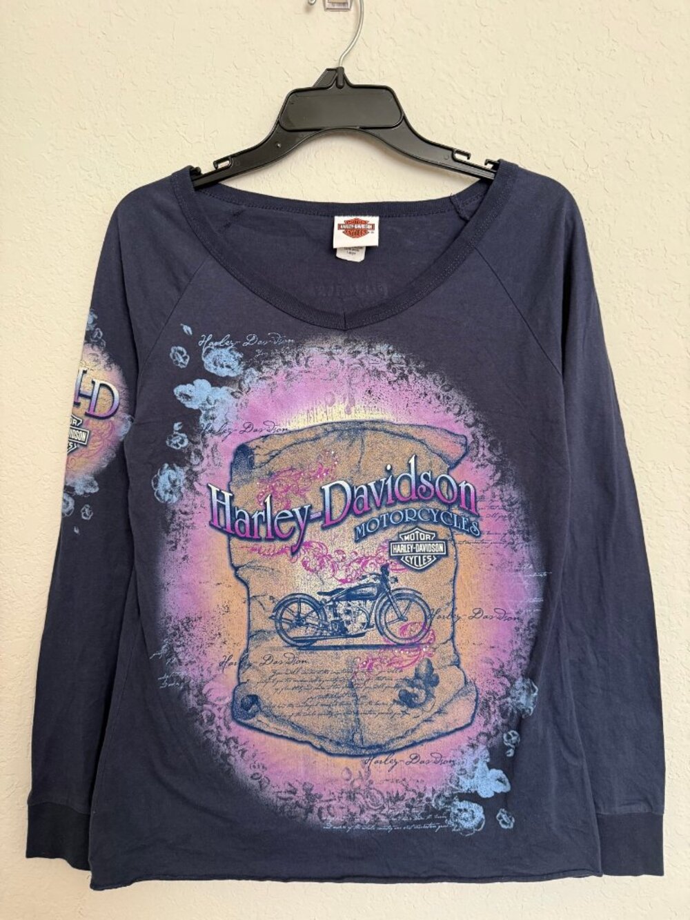 Harley Davidson Long Sleeve Graphic Rhinestone Tee Womens Large Cotton Biker